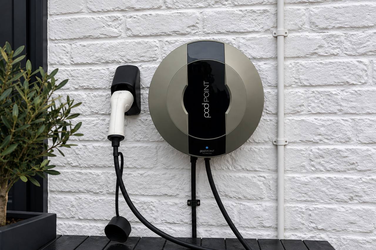 Home EV charger mounted on a white brick wall